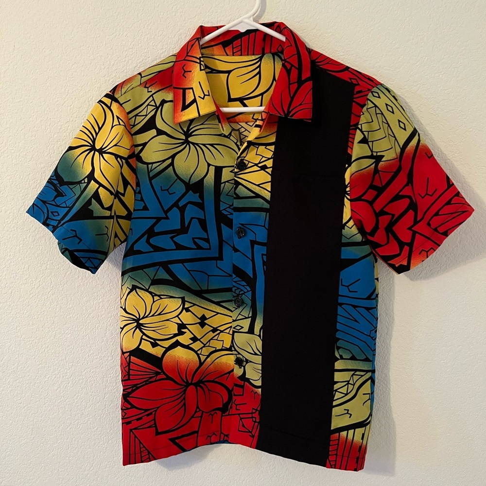 Vintage Tropical Red, Blue, Yellow & Black Short Sleeve Mens Button Down, Size S